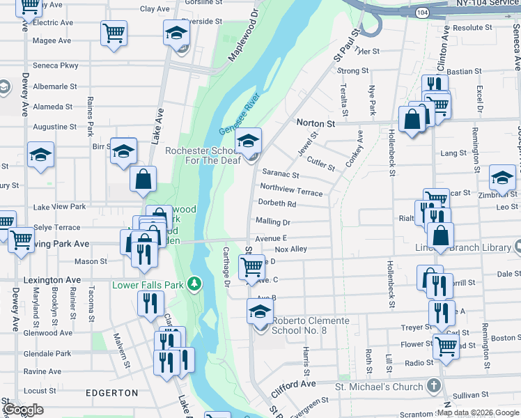map of restaurants, bars, coffee shops, grocery stores, and more near 1400 Saint Paul Street in Rochester