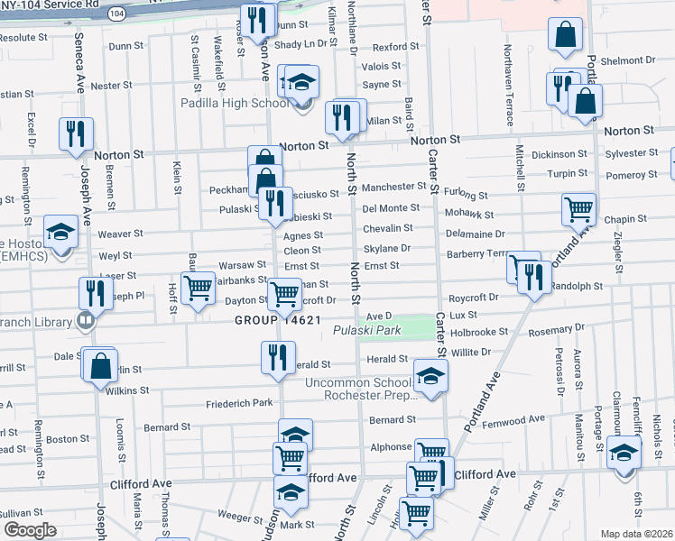 map of restaurants, bars, coffee shops, grocery stores, and more near 97 Durnan Street in Rochester
