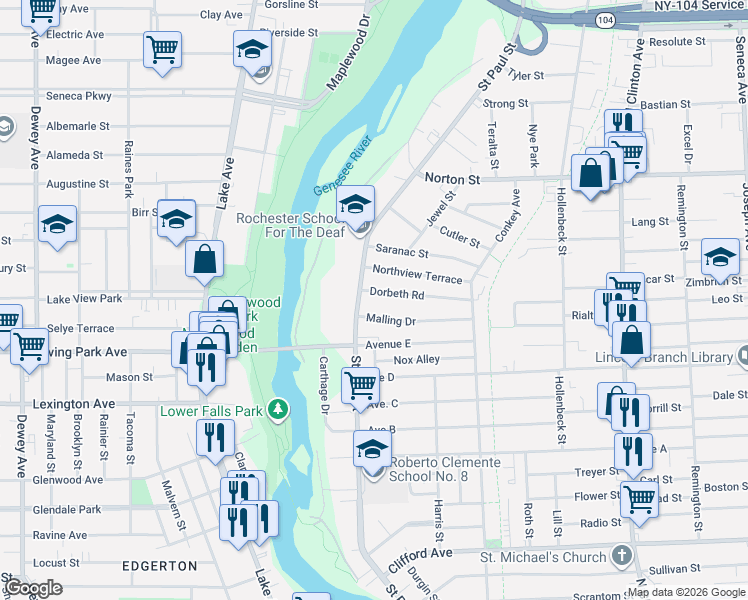 map of restaurants, bars, coffee shops, grocery stores, and more near 1400 Saint Paul Street in Rochester