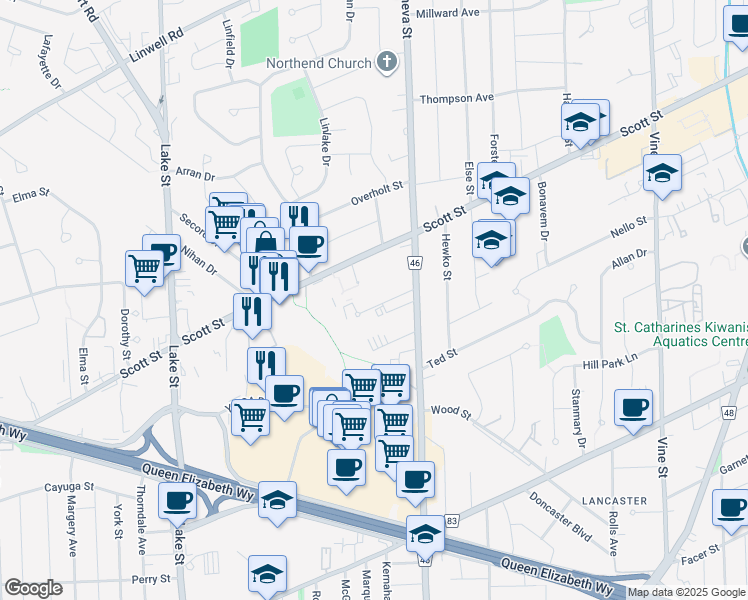 map of restaurants, bars, coffee shops, grocery stores, and more near 367 Geneva Street in Saint Catharines