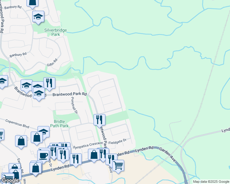 map of restaurants, bars, coffee shops, grocery stores, and more near 14 Pinto Court in Brantford