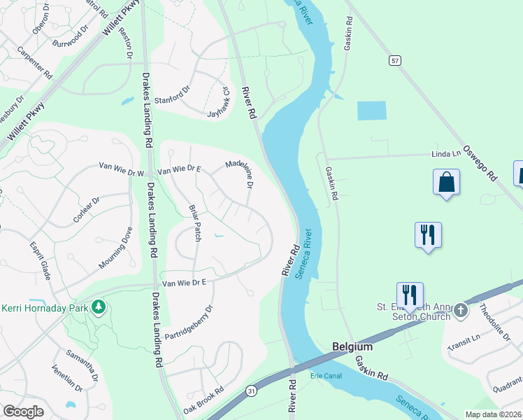 map of restaurants, bars, coffee shops, grocery stores, and more near 3442 Van Wie Drive East in Baldwinsville