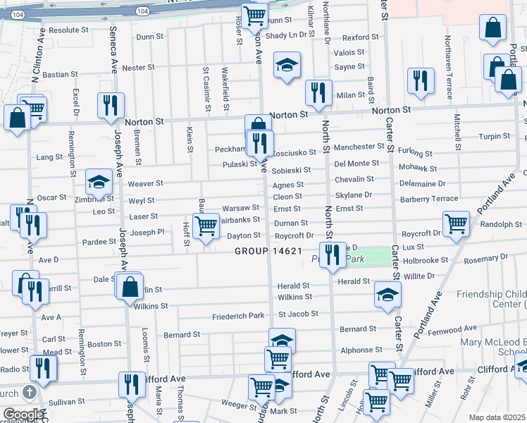 map of restaurants, bars, coffee shops, grocery stores, and more near 951 Hudson Avenue in Rochester