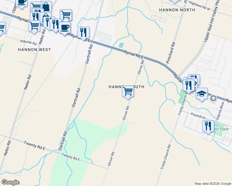 map of restaurants, bars, coffee shops, grocery stores, and more near 90 Glover Road in Hamilton