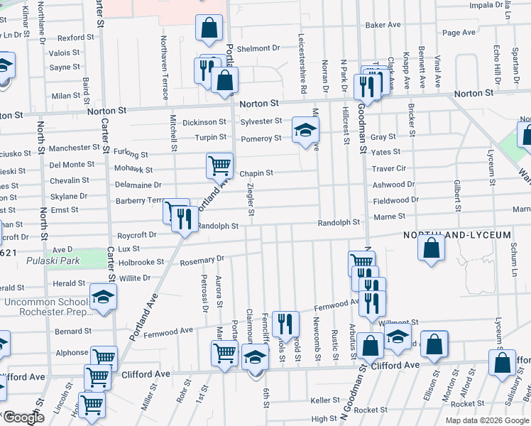 map of restaurants, bars, coffee shops, grocery stores, and more near 185 Randolph Street in Rochester