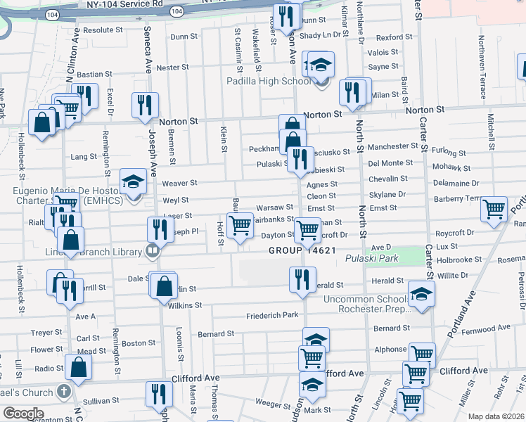map of restaurants, bars, coffee shops, grocery stores, and more near 73 Fairbanks Street in Rochester