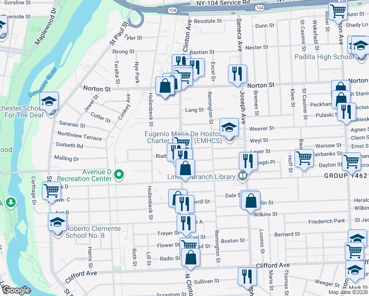 map of restaurants, bars, coffee shops, grocery stores, and more near in Rochester