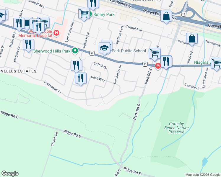 map of restaurants, bars, coffee shops, grocery stores, and more near 206 Dorchester Drive in Grimsby