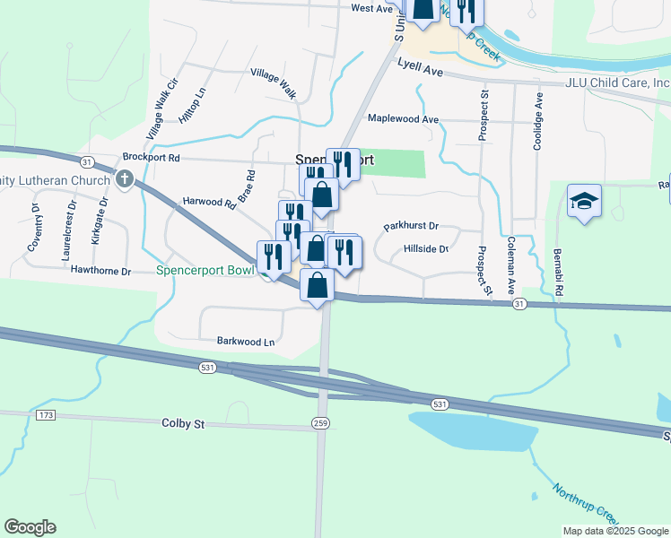 map of restaurants, bars, coffee shops, grocery stores, and more near 500 South Union Street in Spencerport