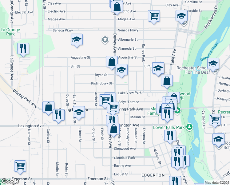 map of restaurants, bars, coffee shops, grocery stores, and more near 262 Lake View Park in Rochester