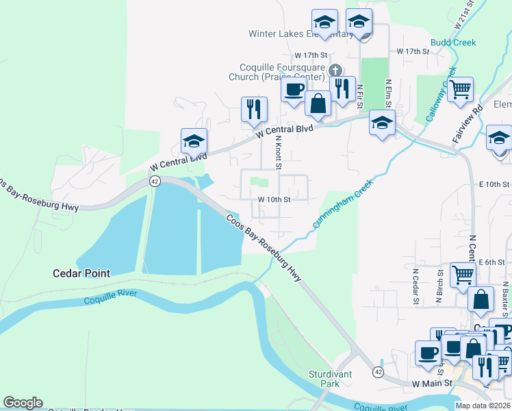 map of restaurants, bars, coffee shops, grocery stores, and more near 901 North Myrtle Street in Coquille