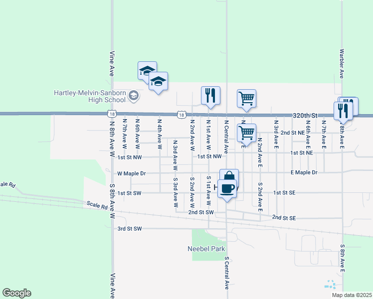 map of restaurants, bars, coffee shops, grocery stores, and more near 52-98 N 3rd Avenue West in Hartley
