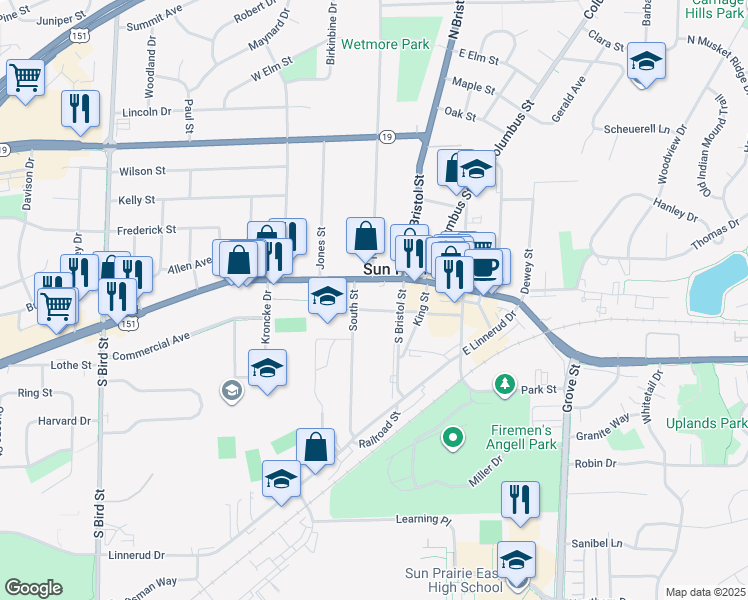 map of restaurants, bars, coffee shops, grocery stores, and more near 143 South Street in Sun Prairie