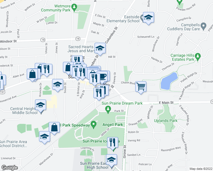 map of restaurants, bars, coffee shops, grocery stores, and more near 461 East Linnerud Drive in Sun Prairie