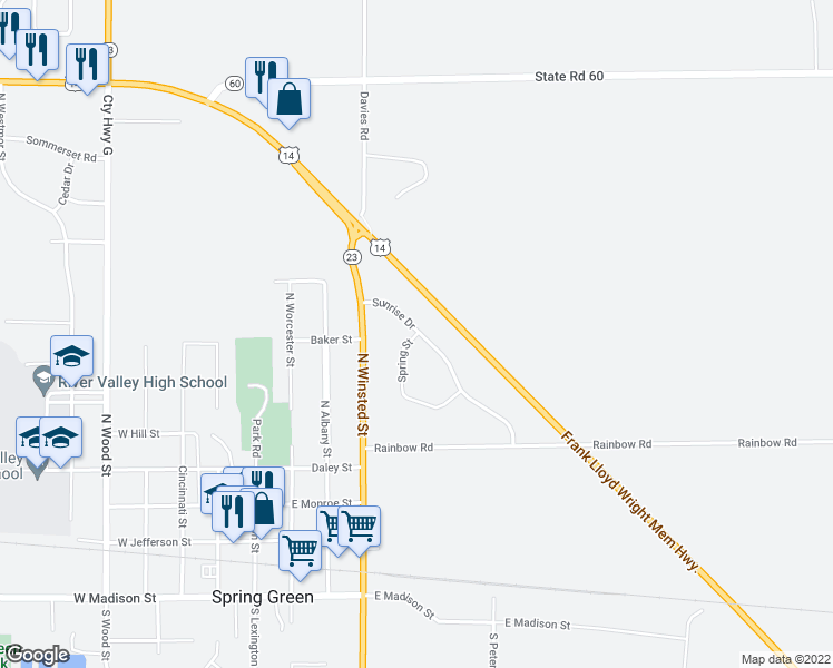 map of restaurants, bars, coffee shops, grocery stores, and more near 533 Sunrise Drive in Spring Green