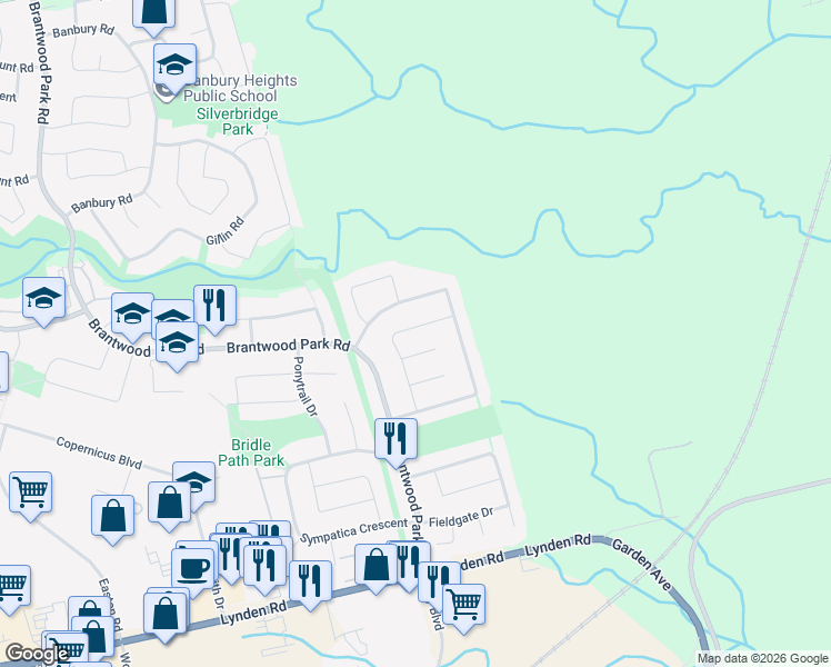 map of restaurants, bars, coffee shops, grocery stores, and more near 21 Ruffian Road in Brantford
