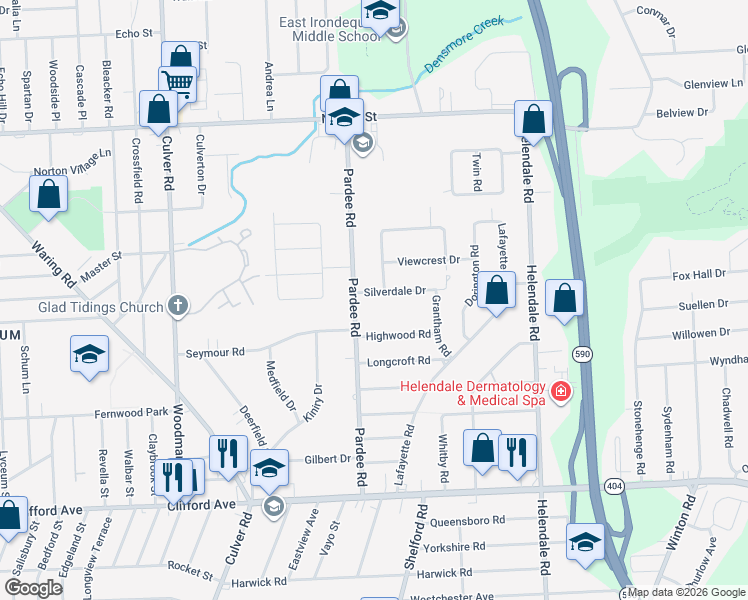 map of restaurants, bars, coffee shops, grocery stores, and more near 50 Highwood Road in Irondequoit