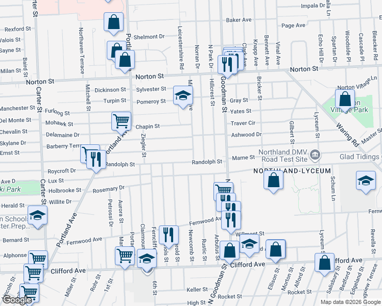 map of restaurants, bars, coffee shops, grocery stores, and more near 285 Randolph Street in Rochester