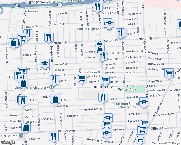 map of restaurants, bars, coffee shops, grocery stores, and more near 73 Fairbanks Street in Rochester