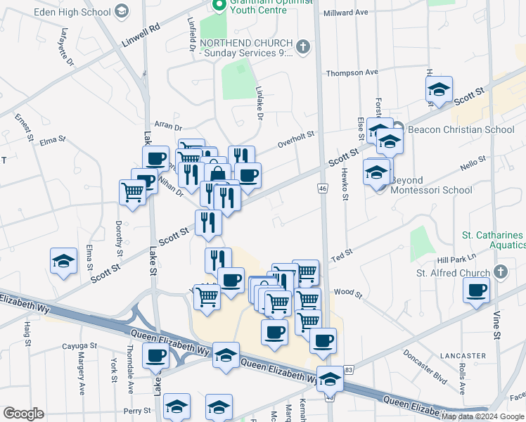 map of restaurants, bars, coffee shops, grocery stores, and more near 365 Geneva Street in St. Catharines