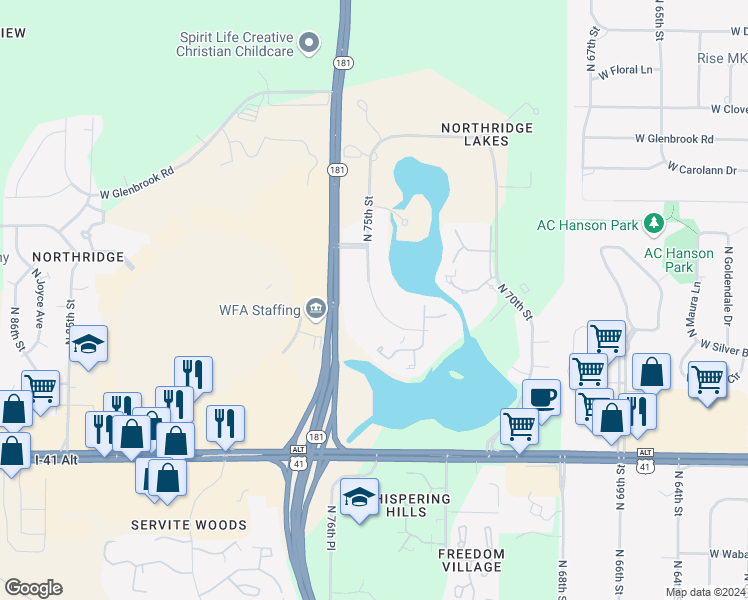 map of restaurants, bars, coffee shops, grocery stores, and more near 9025 North 75th Street in Milwaukee