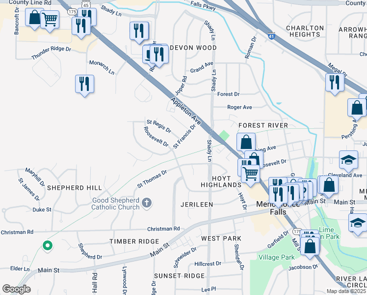 map of restaurants, bars, coffee shops, grocery stores, and more near N90W17398 Saint Thomas Drive in Menomonee Falls