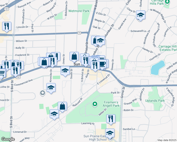map of restaurants, bars, coffee shops, grocery stores, and more near 201 East Lane Street in Sun Prairie