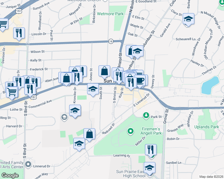 map of restaurants, bars, coffee shops, grocery stores, and more near 140 South Bristol Street in Sun Prairie