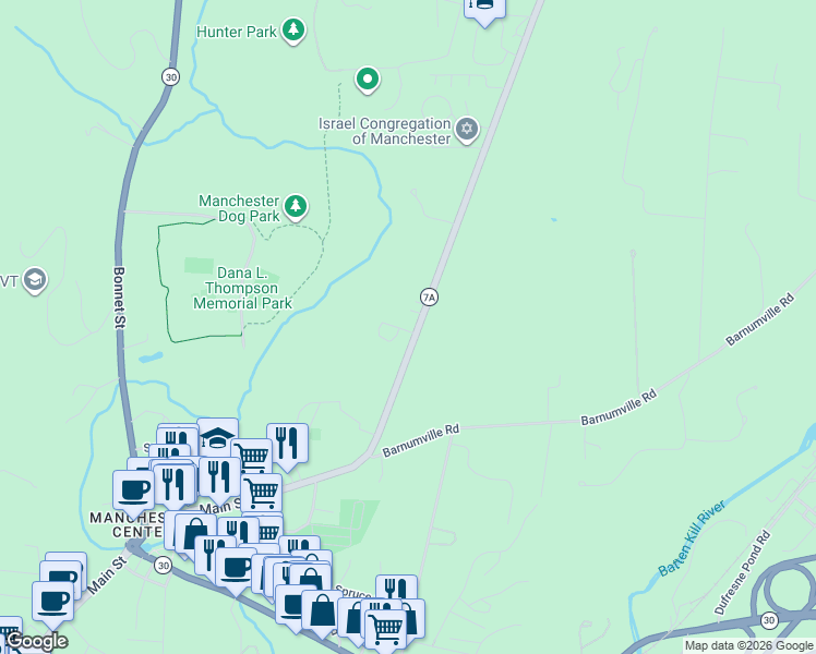 map of restaurants, bars, coffee shops, grocery stores, and more near 5559 Main Street in Bennington County