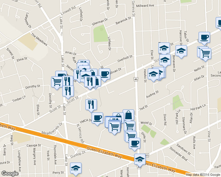 map of restaurants, bars, coffee shops, grocery stores, and more near 365 Geneva Street in St. Catharines
