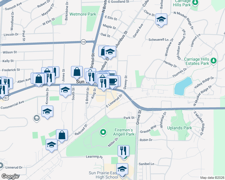 map of restaurants, bars, coffee shops, grocery stores, and more near 351 East Main Street in Sun Prairie