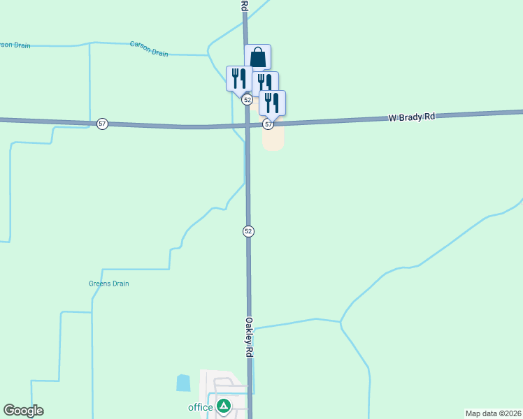 map of restaurants, bars, coffee shops, grocery stores, and more near 16325 Oakley Road in Chesaning