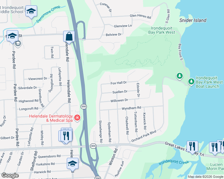 map of restaurants, bars, coffee shops, grocery stores, and more near 38 Fox Hall Drive in Rochester