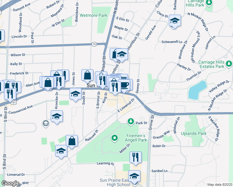 map of restaurants, bars, coffee shops, grocery stores, and more near 115 Church Street in Sun Prairie