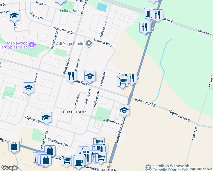 map of restaurants, bars, coffee shops, grocery stores, and more near 19 Picardy Drive in Hamilton