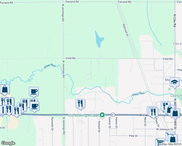 map of restaurants, bars, coffee shops, grocery stores, and more near 3386 Goddard Drive in Clio