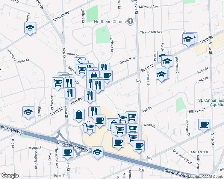 map of restaurants, bars, coffee shops, grocery stores, and more near 196 Scott Street in Saint Catharines
