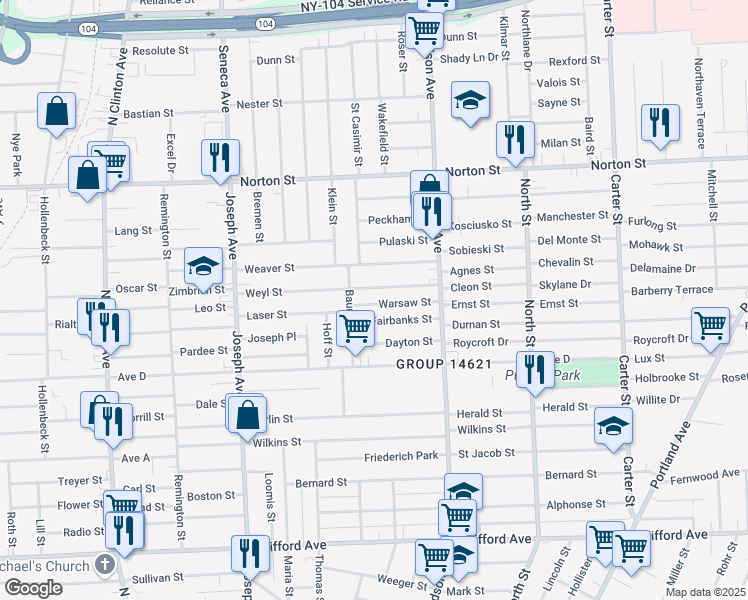map of restaurants, bars, coffee shops, grocery stores, and more near 36 Warsaw Street in Rochester