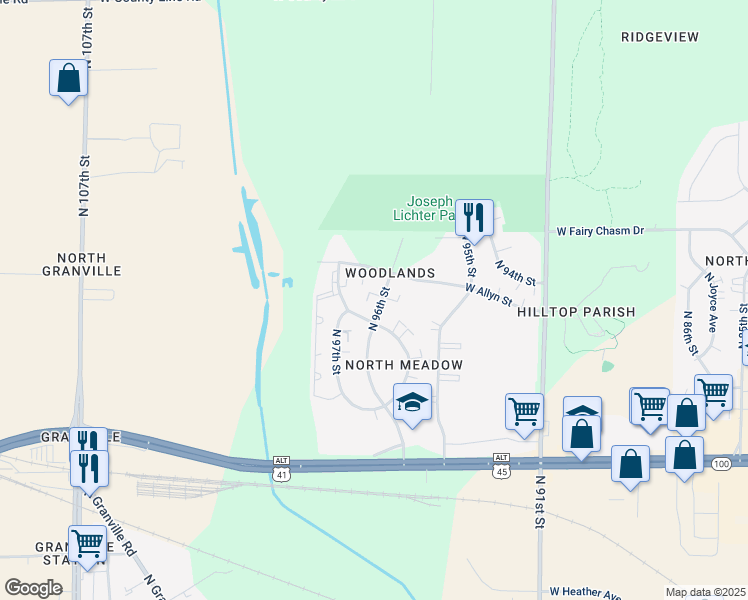 map of restaurants, bars, coffee shops, grocery stores, and more near 9015 North 96th Street in Milwaukee