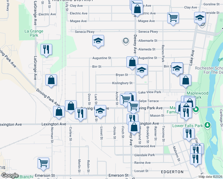map of restaurants, bars, coffee shops, grocery stores, and more near 215 Kislingbury Street in Rochester