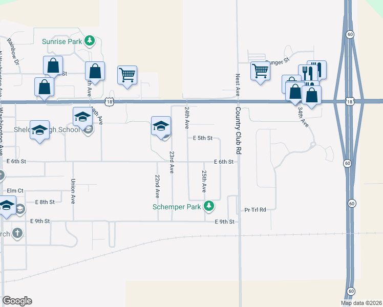 map of restaurants, bars, coffee shops, grocery stores, and more near 319 24th Avenue in Sheldon