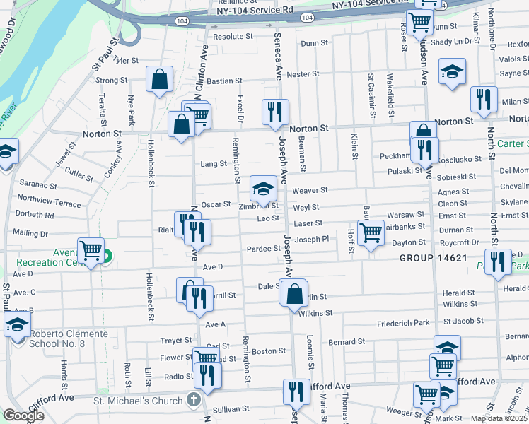 map of restaurants, bars, coffee shops, grocery stores, and more near 27 Zimbrich Street in Rochester
