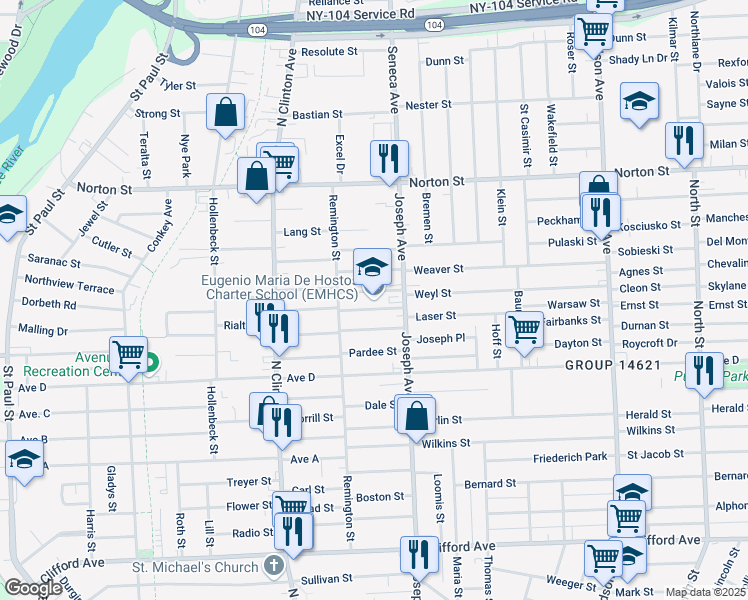 map of restaurants, bars, coffee shops, grocery stores, and more near 27 Zimbrich Street in Rochester