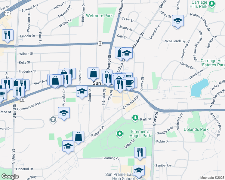 map of restaurants, bars, coffee shops, grocery stores, and more near 111 King Street in Sun Prairie