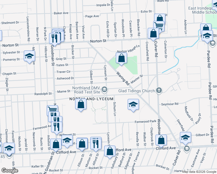 map of restaurants, bars, coffee shops, grocery stores, and more near 280 Marne Street in Rochester