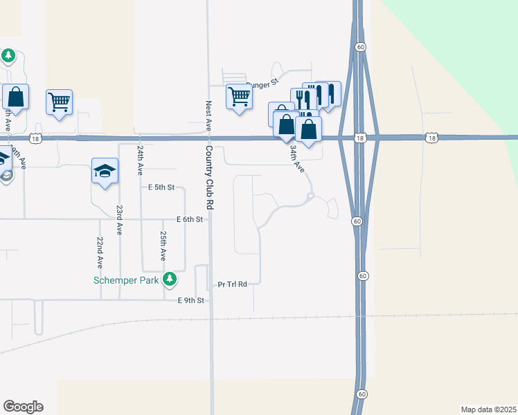 map of restaurants, bars, coffee shops, grocery stores, and more near 611 Sunflower Avenue in Sheldon