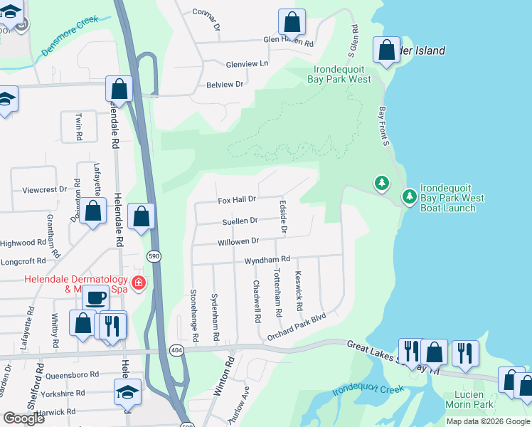 map of restaurants, bars, coffee shops, grocery stores, and more near 149 Fox Hall Drive in Rochester