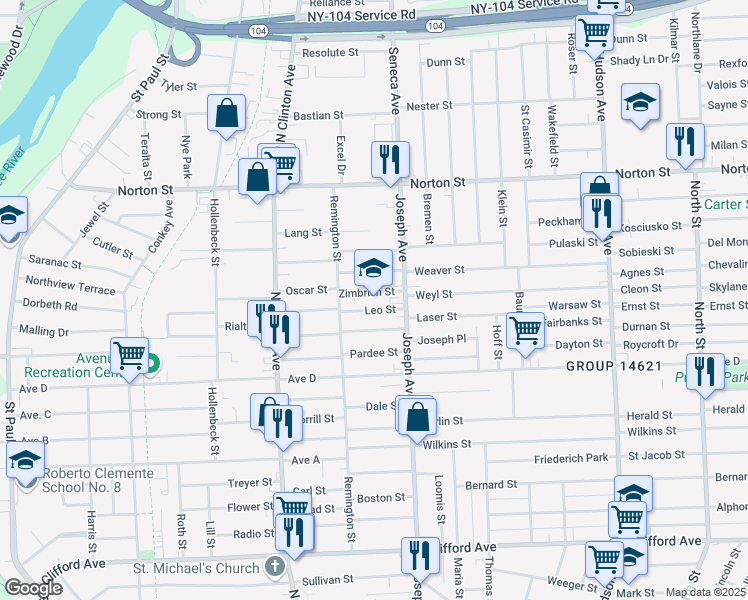 map of restaurants, bars, coffee shops, grocery stores, and more near 31 Weaver Street in Rochester