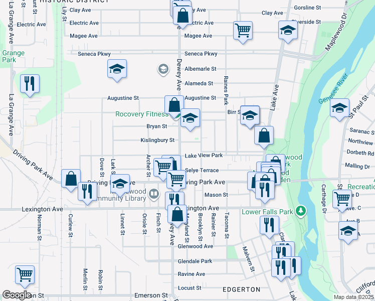 map of restaurants, bars, coffee shops, grocery stores, and more near 960-964 Dewey Avenue in Rochester