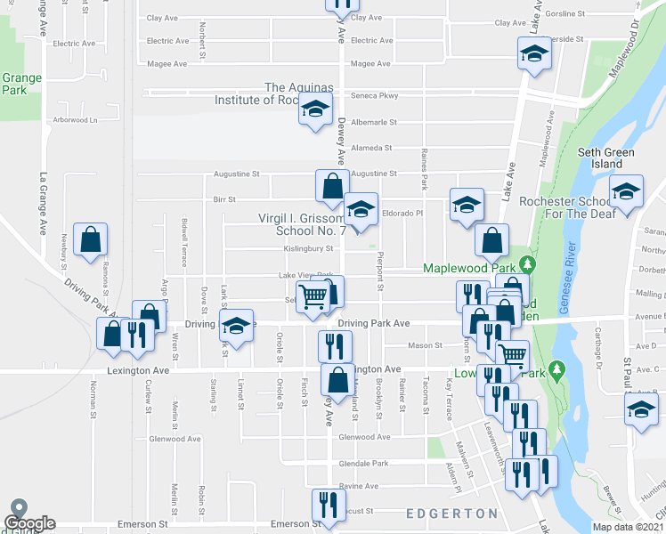 map of restaurants, bars, coffee shops, grocery stores, and more near 97 Kislingbury Street in Rochester